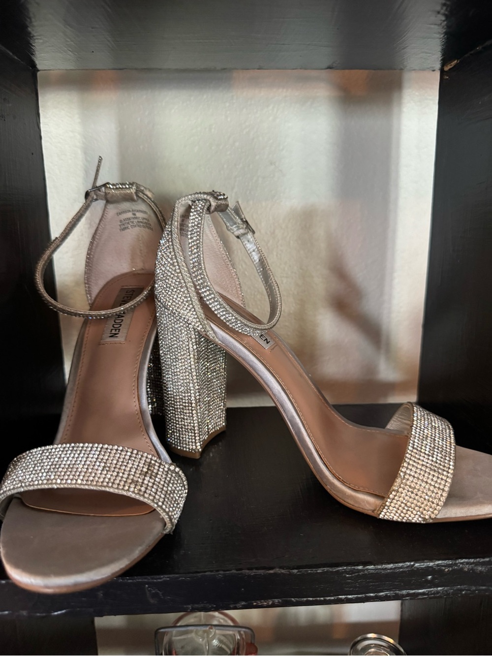 Steve Madden Silver Crystal Embellished Block Heel Sandals